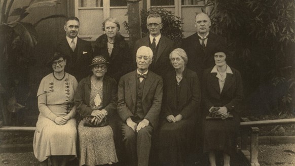 The first National Spiritual Assembly of the Baha’is of Australia and New Zealand, 1934. Standing (left to right): Percy Almond, Ethel Blundell, Oswald Whitaker, Robert Brown. Seated: Silver Jackman, Charlotte Moffitt, Hyde Dunn, Margaret Stevenson, Hilda Brooks.